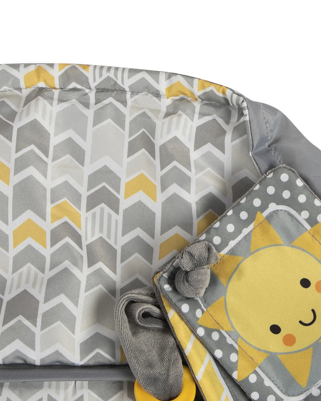 Baby blanket with gray and yellow chevron pattern, sun design, and gray socks on a white background
