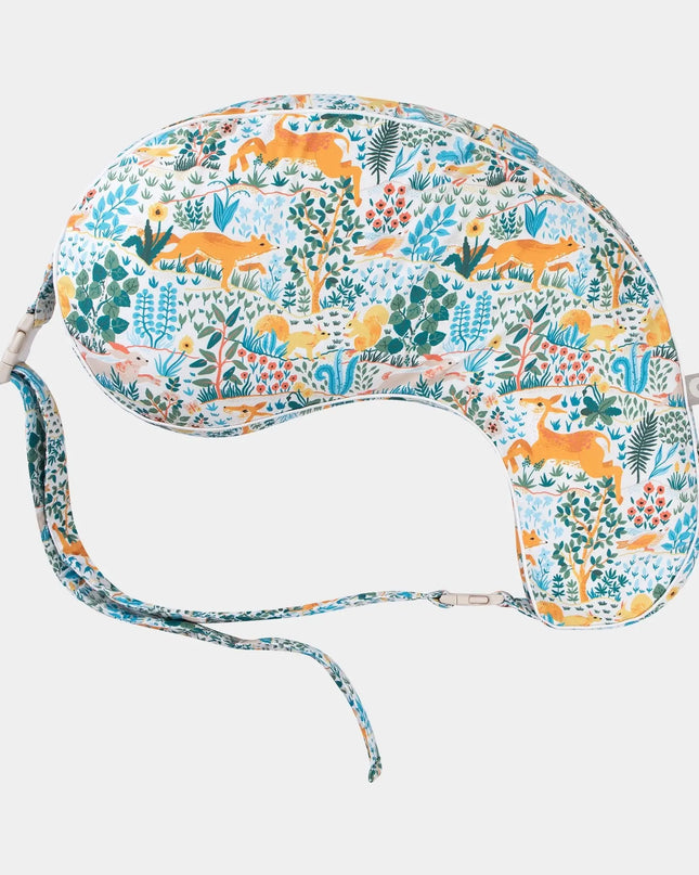 Neck pillow with a colorful animal and plant pattern on a white background
