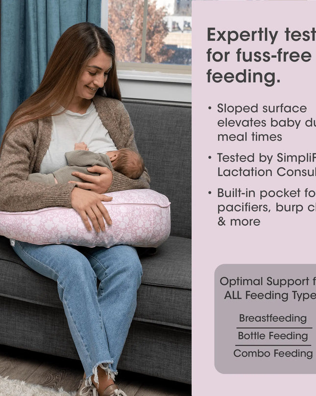 Woman breastfeeding a baby using a specialized pillow with product features listed on the right.