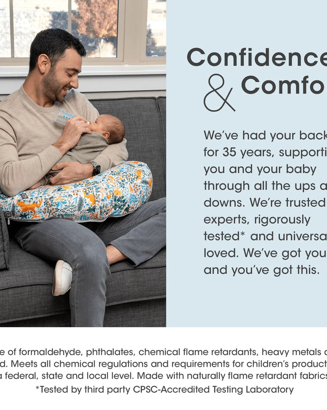 Man holding a baby in a supported seat with text about product trustworthiness and safety.
