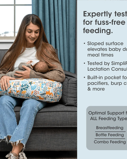 Woman breastfeeding a baby using a support pillow with product features listed on the right.