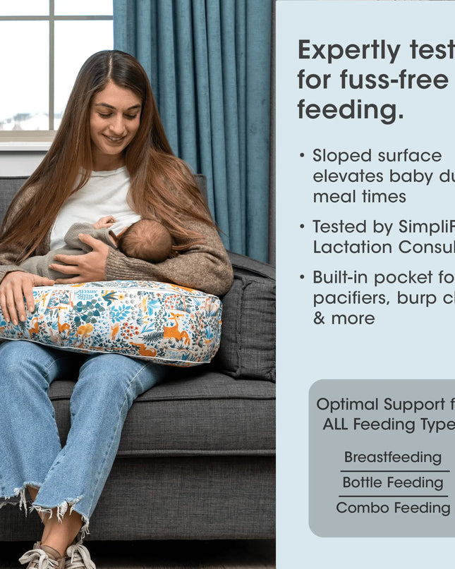 Woman breastfeeding a baby using a support pillow with product features listed on the right.