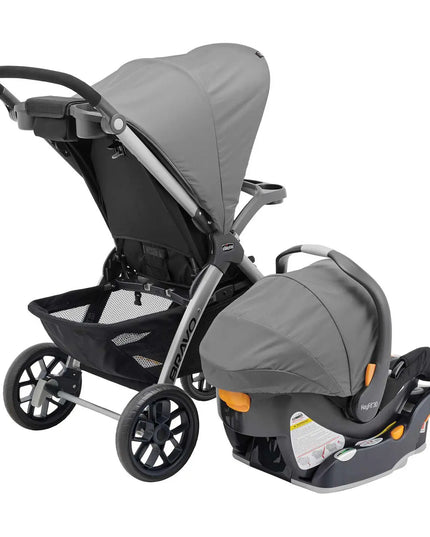 Gray stroller and car seat combo on a white background