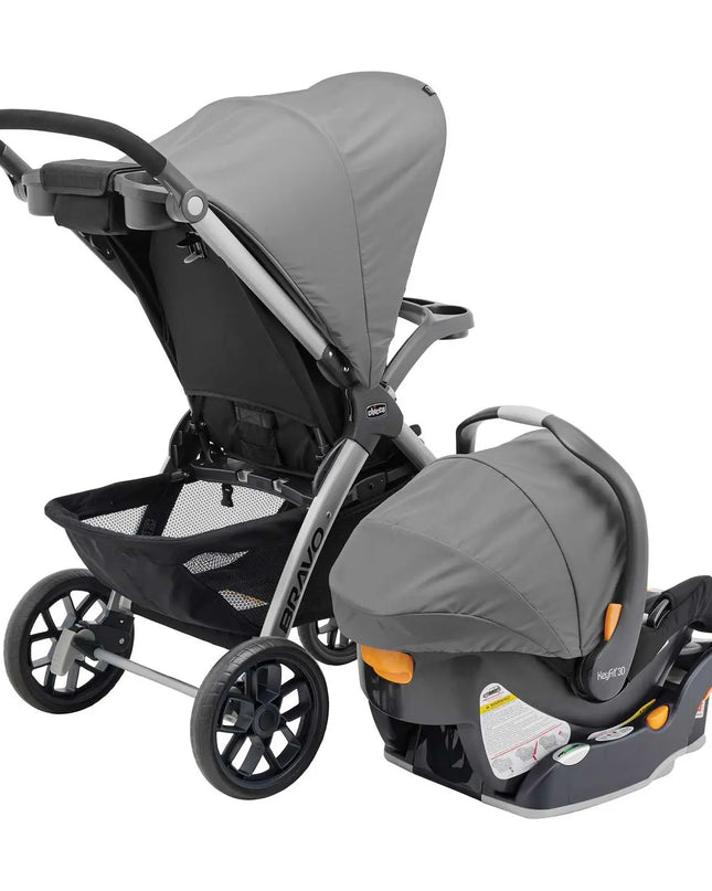 Gray stroller and car seat combo on a white background