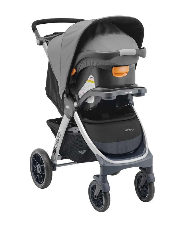 Gray and black stroller with car seat on a white background