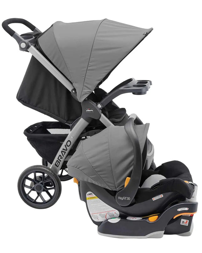 Gray stroller with car seat attachment on a white background