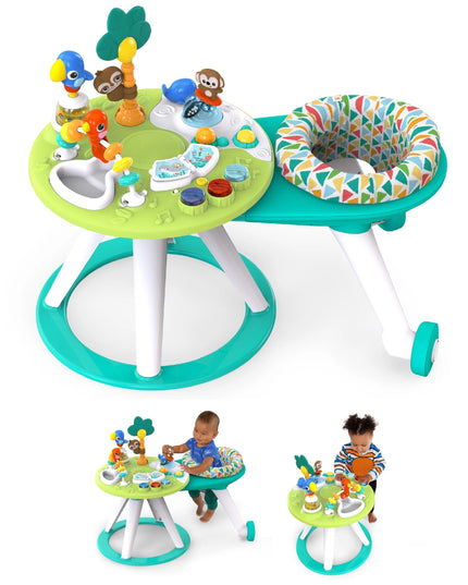 Multifunctional baby activity center with toys and a seat on a white background