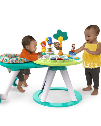Children playing with a colorful activity center on a white background