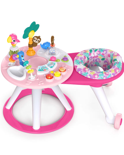 Pink baby activity center with toys and a small chair on a white background