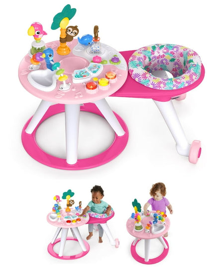 Pink baby activity center with toys and a seat on a white background
