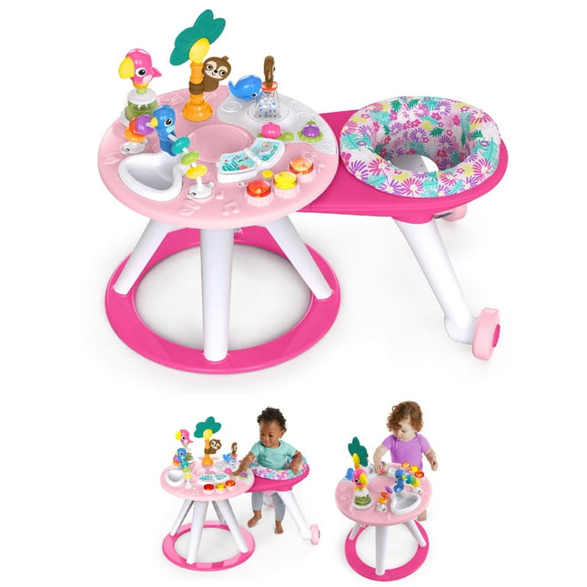 Pink baby activity center with toys and a seat on a white background