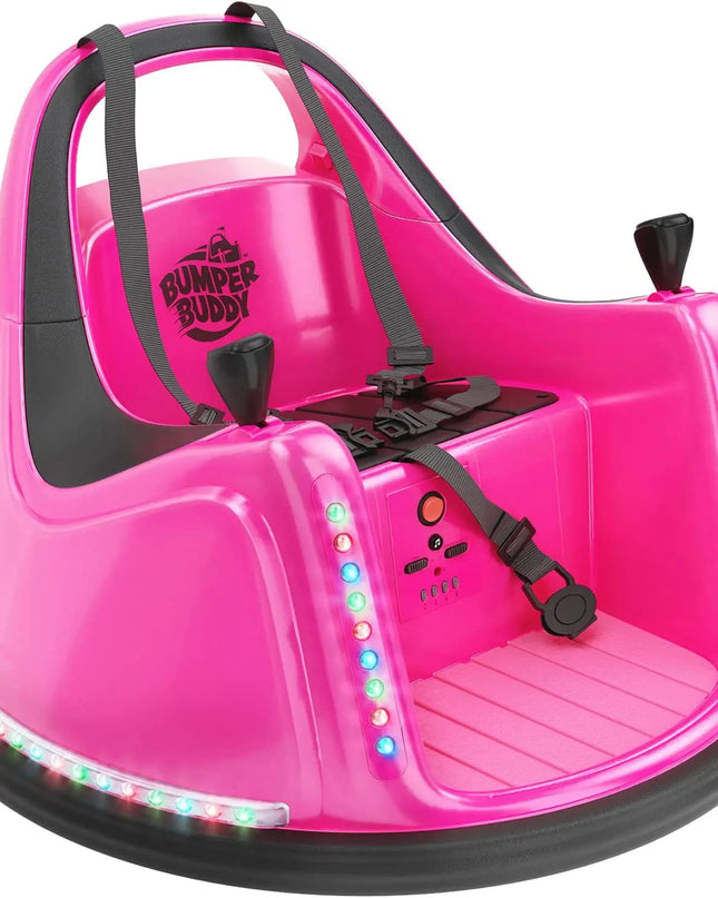 Pink bumper car with colorful lights on a white background