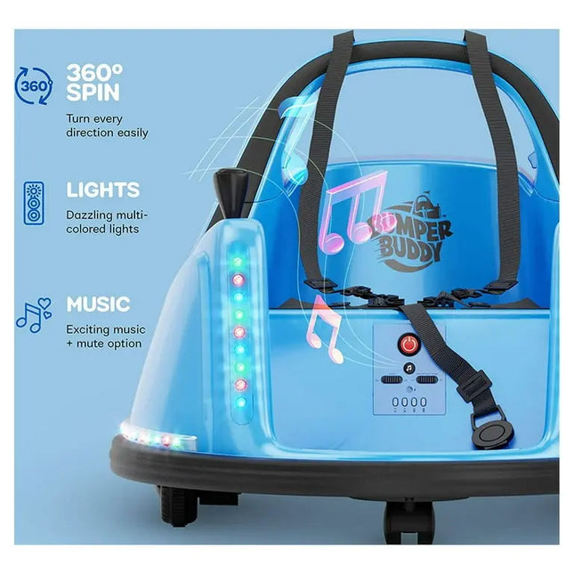 Child's toy car with lights and music on a blue background