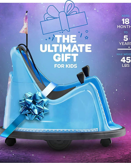 Blue children's ride-on toy with a bow on a purple and blue gradient background