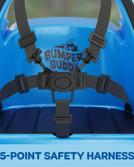 5-point safety harness attached to a blue car seat with 'Bumper Buddy' branding.