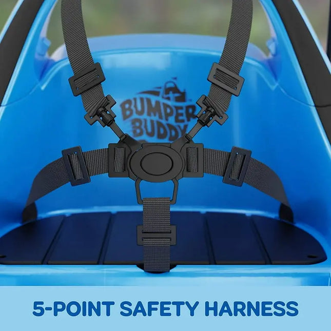 5-point safety harness attached to a blue car seat with 'Bumper Buddy' branding.