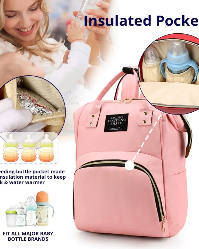 Pink backpack with insulated pockets for baby bottles and food, featuring a woman holding a baby.