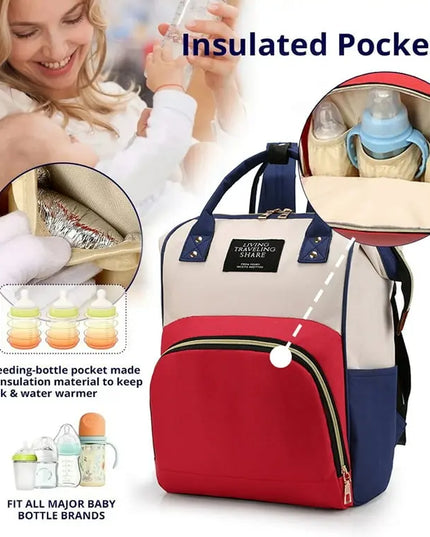 Red and blue backpack with insulated pockets for baby bottles and food, featuring a woman holding a baby.
