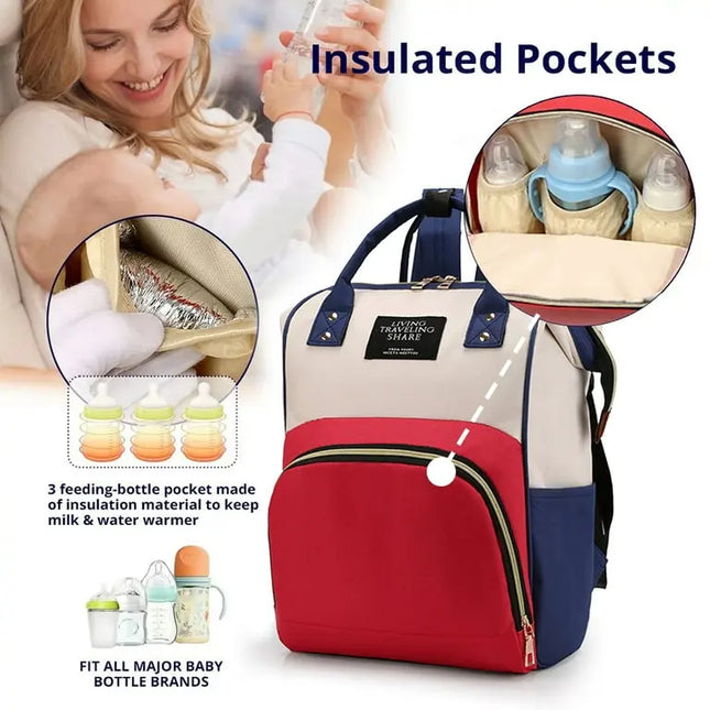 Red and blue backpack with insulated pockets for baby bottles and food, featuring a woman holding a baby.