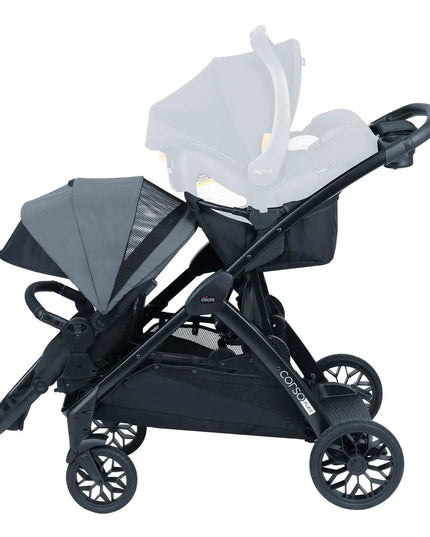 Black stroller with gray canopy on a white background
