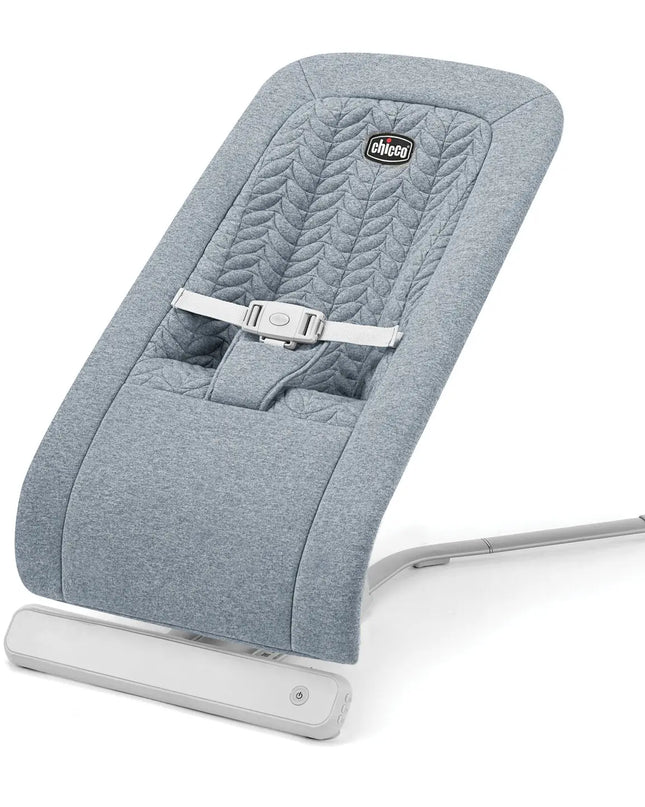 Gray baby bouncer with a white base on a white background