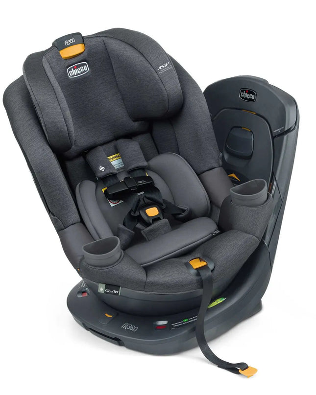 Gray car seat with visible brand logo on a white background