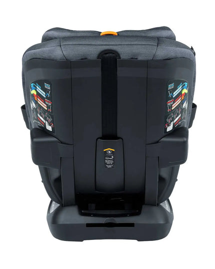 Back view of a child car seat on a white background