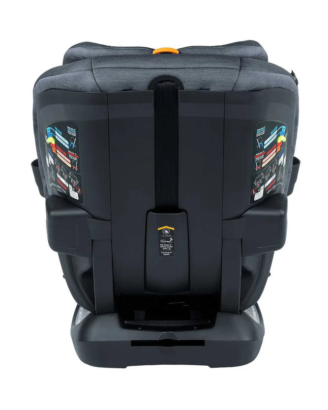 Back view of a child car seat on a white background