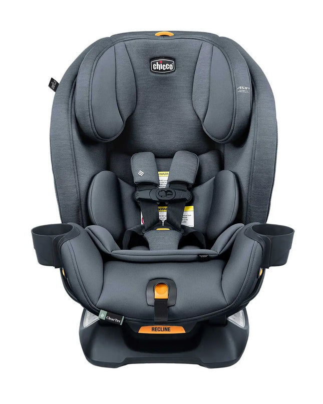 Gray car seat with orange accents on a white background