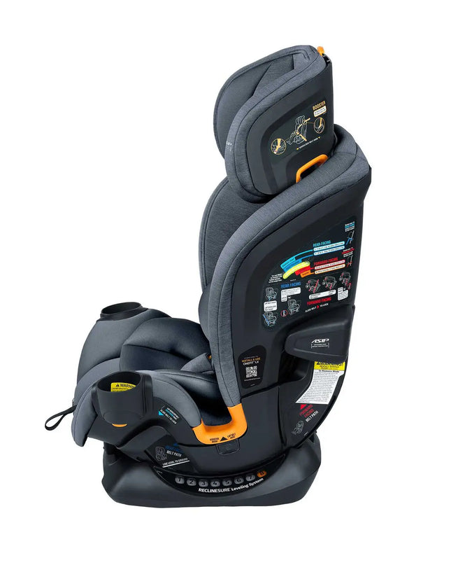 Gray and black car seat with orange accents on a white background