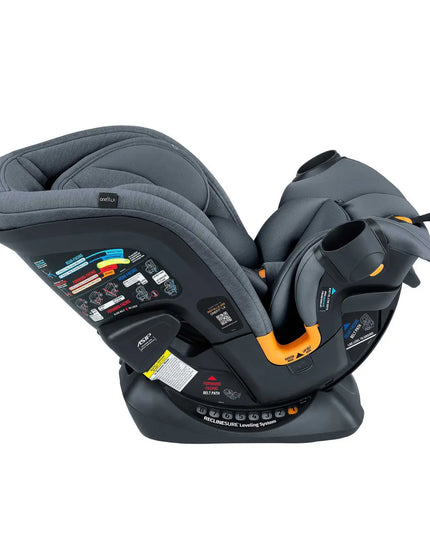Gray and black car seat with orange accents on a white background
