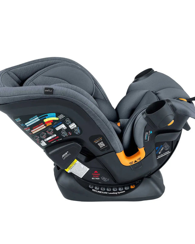 Gray and black car seat with orange accents on a white background