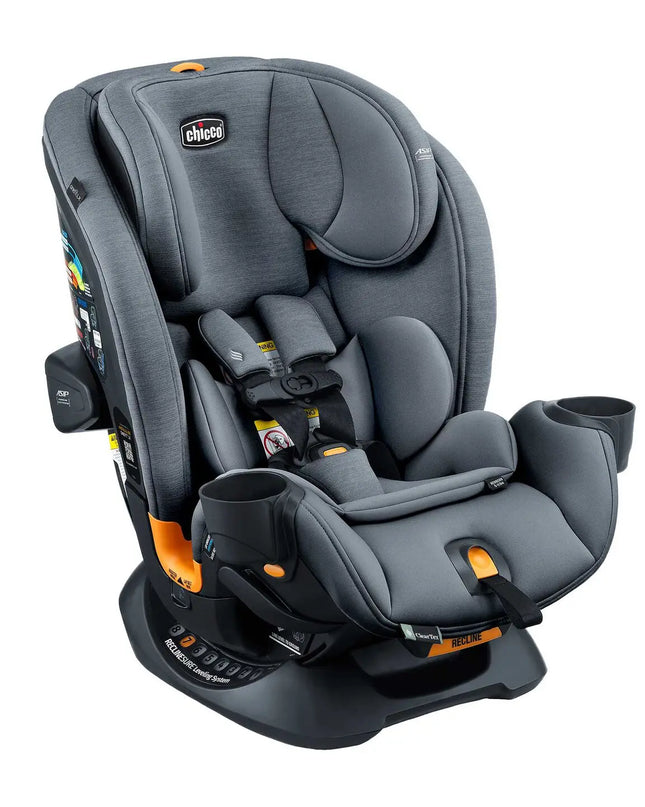 Gray car seat with orange accents on a white background