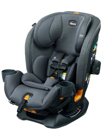 Gray car seat with orange accents on a white background
