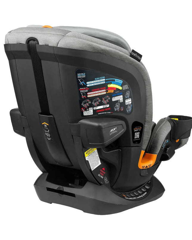 Child car seat with gray and black design on a white background
