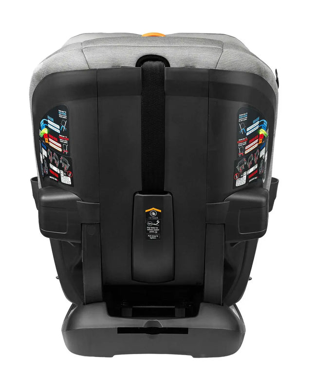 Back view of a child car seat with visible branding on a white background