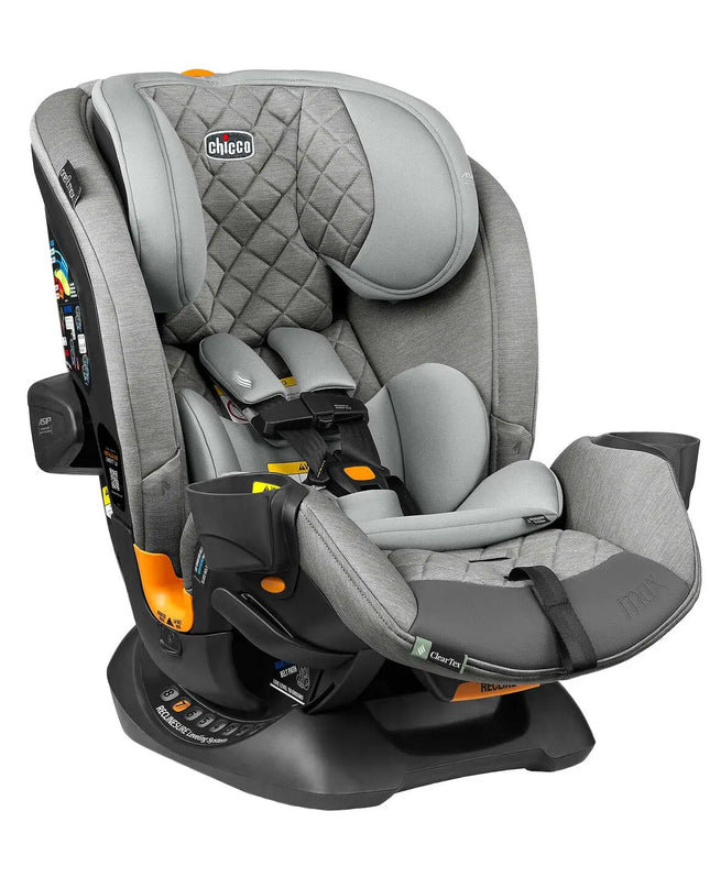 Gray car seat with quilted design on a white background