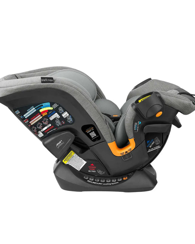 Gray and black car seat with visible branding on a white background