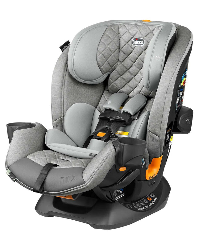 Gray car seat with quilted design on a white background