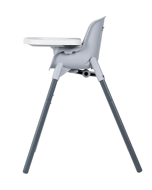 Gray high chair with a tray on a white background