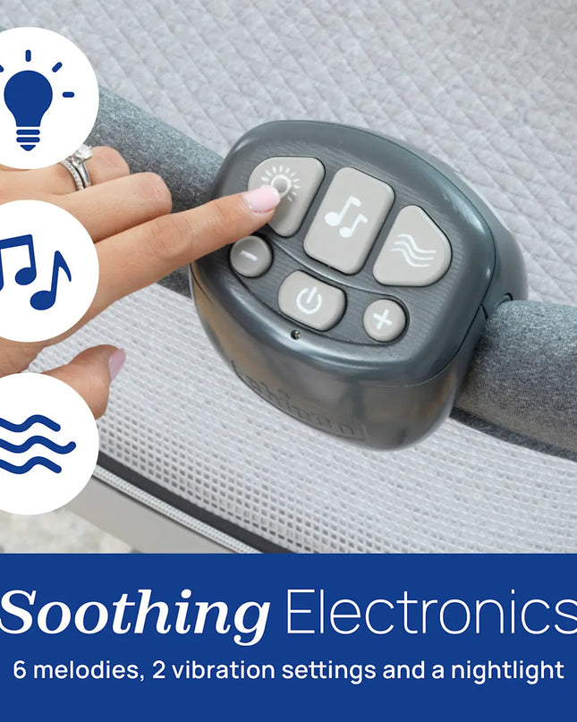 Hand pressing a control panel on a massage device with icons and text about soothing electronics.