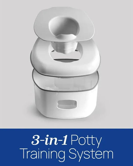 3-in-1 potty training system on a gray background with text
