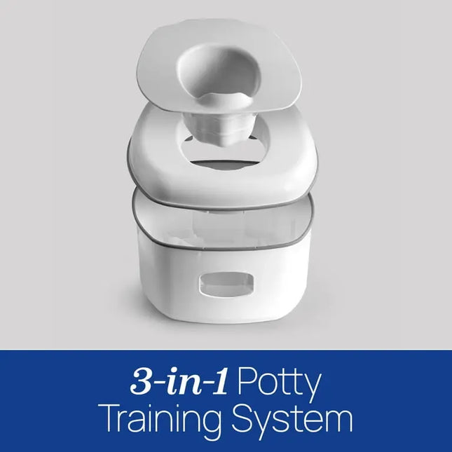 3-in-1 potty training system on a gray background with text
