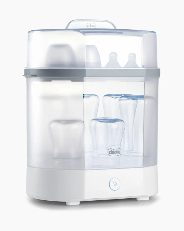 Baby bottle sterilizer with bottles inside on a white background