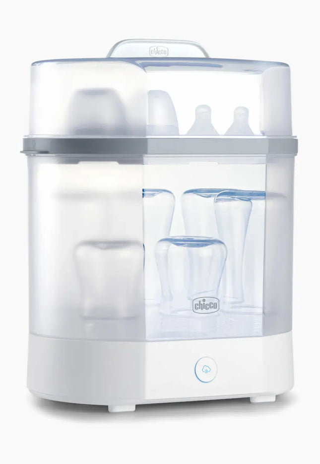 Baby bottle sterilizer with bottles inside on a white background