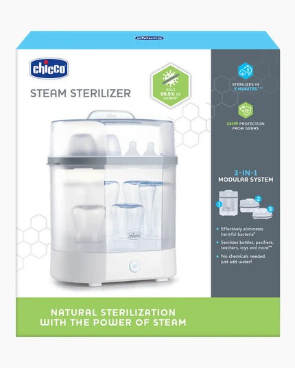 Chicco steam sterilizer packaging with product image and branding on a white background