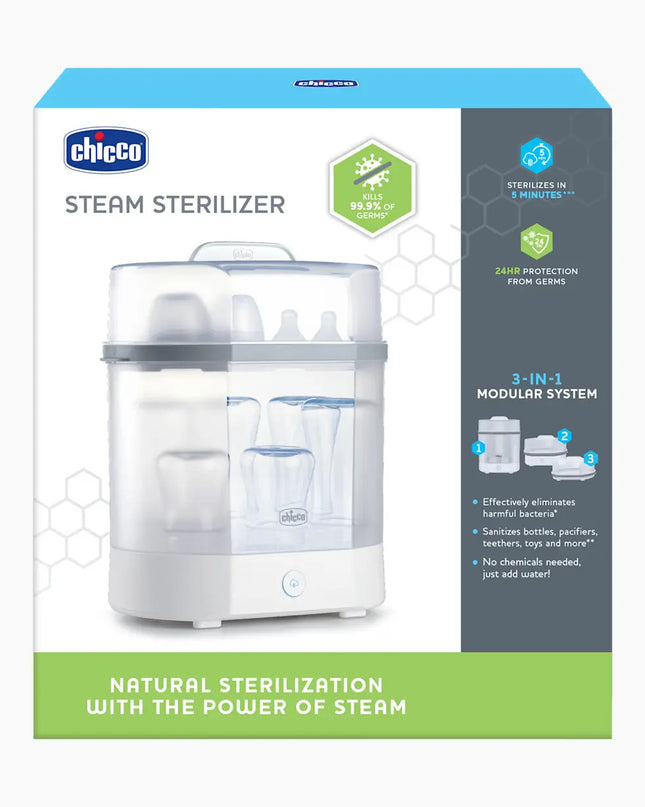 Chicco steam sterilizer packaging with product image and branding on a white background