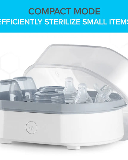 White and gray sterilizer with bottles inside, on a white background with blue text overlay.