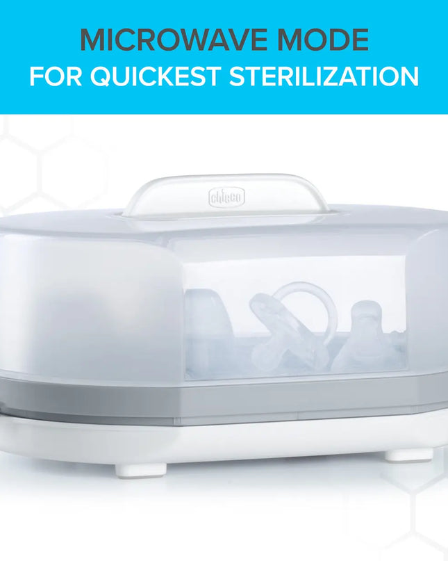 Baby bottle sterilizer with text 'Microwave Mode for Quickest Sterilization' on a blue and white background