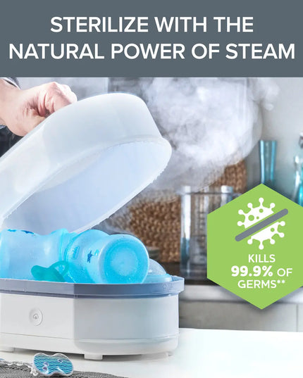 Steam sterilizer with blue items inside, labeled 'Sterilize with the natural power of steam' and 'Kills 99.9% of germs'.
